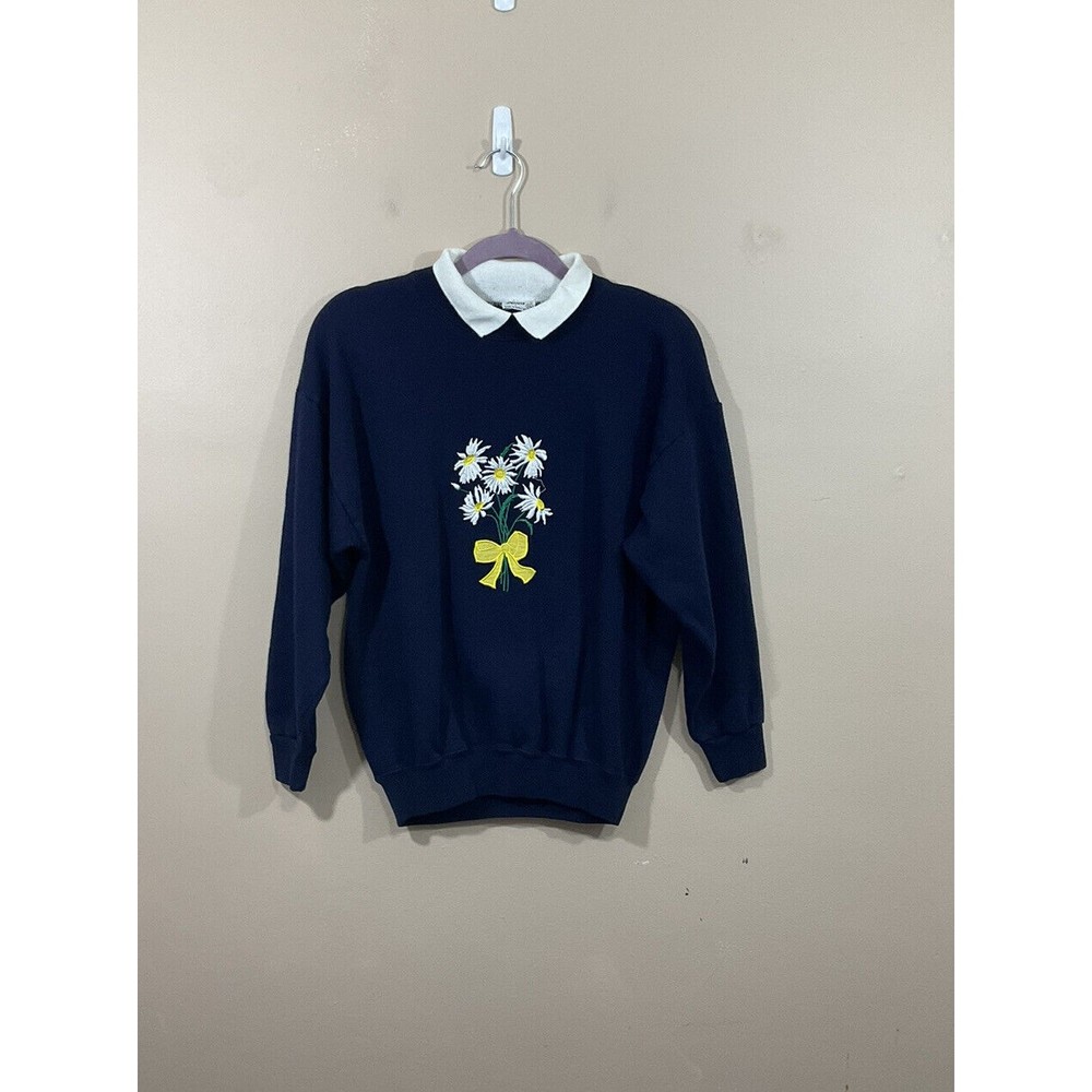 VTG Womens Embroidered Daisy Sweatshirt S/M Blue Flowers Granny Retro Cottage